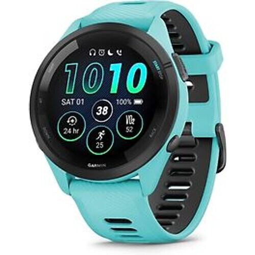 Garmin Forerunner 265 46 mm turkoois/zwart met een turkoois/zwart siliconen polsband Tweedehands