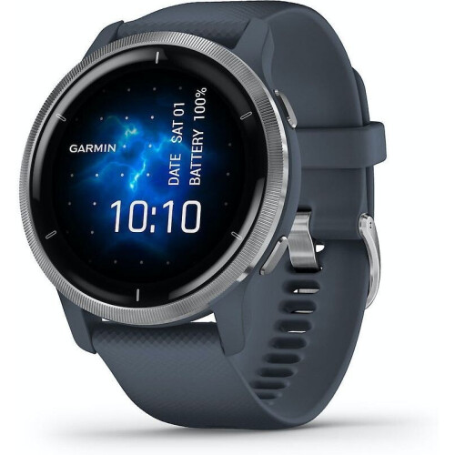 Garmin Venu 2 45 mm zilverkleurige rand van roestvrij staal met granite blue behuizing en siliconen polsband [wifi]