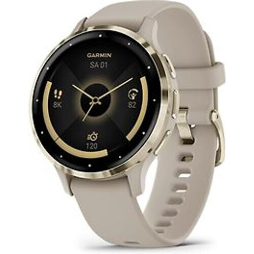 Garmin Venu 3S 41 mm goud van roestvrij staal met grijs behuizing en siliconen polsband [wifi] Tweedehands