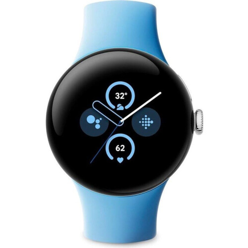 Google Pixel Watch 2– Zilverkleurige kast – Blauw sportbandje – GPS – 5ATM – Fitbit functies – 24u