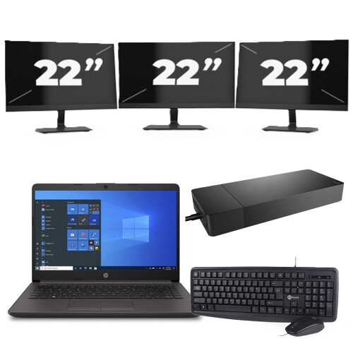 HP 240 G8 - Intel Core i3-10e Generatie - 14 inch - 8GB RAM - 256GB SSD - Windows 11 Home + 3x 22 inch Monitor Tweedehands