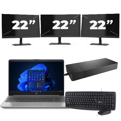 HP 250 G8 - Intel Core i3-11e Generatie - 15 inch - 8GB RAM - 256GB SSD - Windows 11 Home + 3x 22 inch Monitor Tweedehands