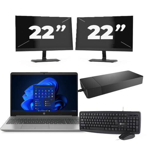 HP 250 G8 - Intel Core i3-11e Generatie - 15 inch - 8GB RAM - 256GB SSD - Windows 11 Home + 2x 22 inch Monitor Tweedehands
