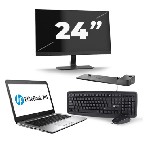 HP EliteBook 745 G3 - AMD PRO A8-8600B - 14 inch - 8GB RAM - 256GB SSD - Windows 11 + 1x 24 inch Monitor Tweedehands