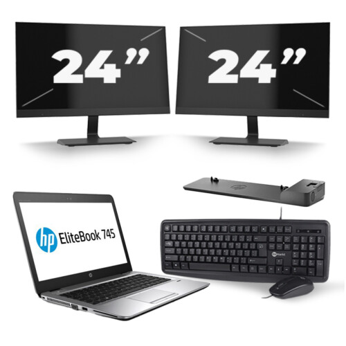 HP EliteBook 745 G3 - AMD PRO A8-8600B - 14 inch - 8GB RAM - 256GB SSD - Windows 11 + 2x 24 inch Monitor Tweedehands