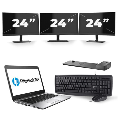 HP EliteBook 745 G3 - AMD PRO A8-8600B - 14 inch - 8GB RAM - 256GB SSD - Windows 11 + 3x 24 inch Monitor Tweedehands