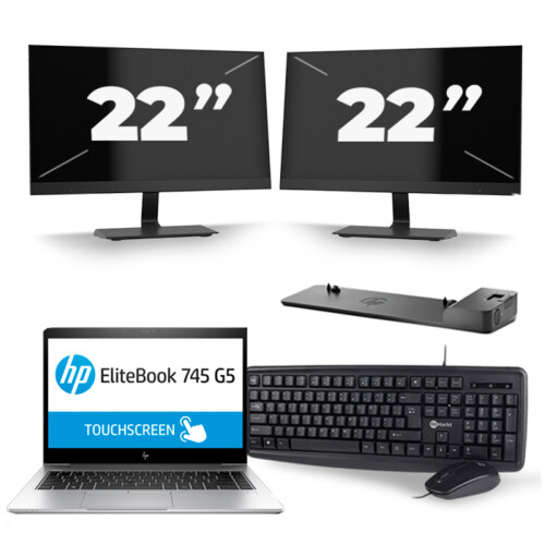 HP EliteBook 745 G5 - AMD Ryzen 5 2500U - 14 inch - 8GB RAM - 256GB SSD - Windows 10 + 2x 22 inch Monitor Tweedehands