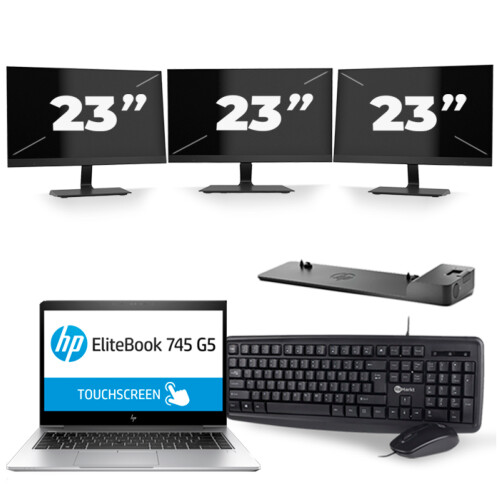 HP EliteBook 745 G5 - AMD Ryzen 5 2500U - 14 inch - 8GB RAM - 256GB SSD - Windows 10 + 3x 23 inch Monitor Tweedehands