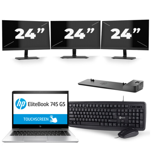 HP EliteBook 745 G5 - AMD Ryzen 5 2500U - 14 inch - 8GB RAM - 256GB SSD - Windows 10 + 3x 24 inch Monitor Tweedehands