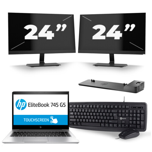 HP EliteBook 745 G5 - AMD Ryzen 7 2700U - 14 inch - 16GB RAM - 256GB SSD - Windows 10 + 2x 24 inch Monitor Tweedehands