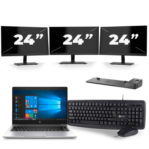 HP EliteBook 745 G6 - AMD Ryzen 5 3500U - 14 inch - 8GB RAM - 256GB SSD - Windows 11 Home + 3x 24 inch Monitor Tweedehands