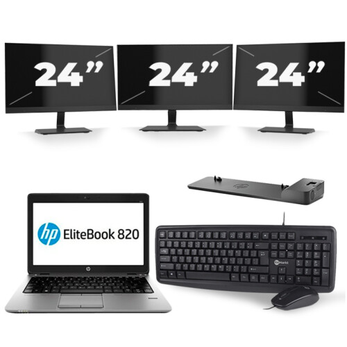 HP EliteBook 820 G3 - Intel Core i7-6e Generatie - 12 inch - 16GB RAM - 256GB SSD - Windows 11 + 3x 24 inch Monitor Tweedehands