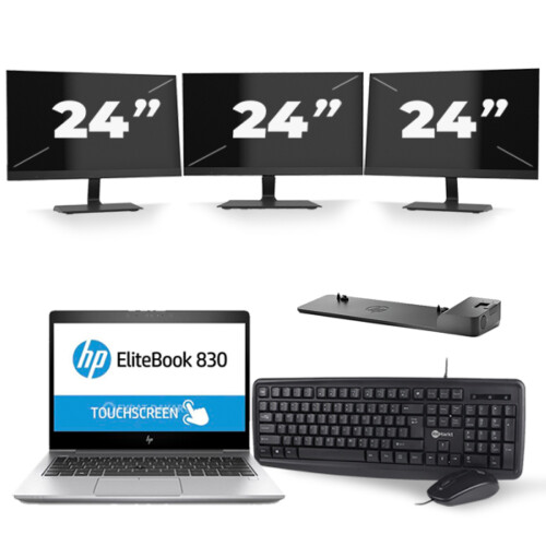 HP EliteBook 830 G5 - Intel Core i5-8e Generatie - 13 inch - 16GB RAM - 256GB SSD - Windows 11 + 3x 24 inch Monitor Tweedehands