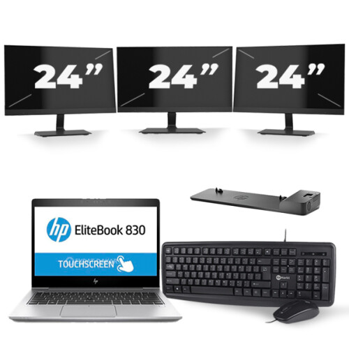 HP EliteBook 830 G5 - Intel Core i7-8e Generatie - 13 inch - 16GB RAM - 256GB SSD - Windows 11 + 3x 24 inch Monitor Tweedehands