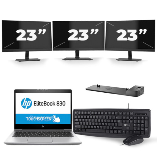HP EliteBook 830 G5 - Intel Core i7-8e Generatie - 13 inch - 16GB RAM - 256GB SSD - Windows 11 + 3x 23 inch Monitor Tweedehands