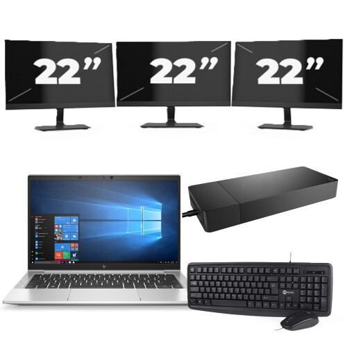 HP EliteBook 835 G7 - AMD Ryzen 3 Pro 4450U - 13 inch - 8GB RAM - 256GB SSD - Windows 10 Home + 3x 22 inch Monitor Tweedehands