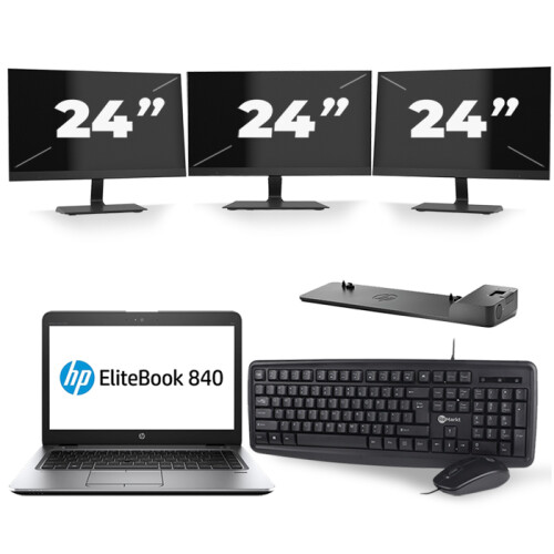 HP EliteBook 840 G3 - Intel Core i7-6e Generatie - 14 inch - 16GB RAM - 256GB SSD - Windows 11 + 3x 24 inch Monitor Tweedehands