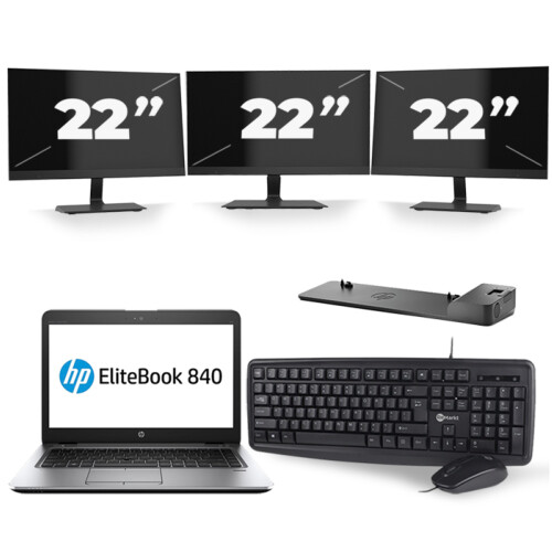 HP EliteBook 840 G3 - Intel Core i7-6e Generatie - 14 inch - 8GB RAM - 256GB SSD - Windows 11 + 3x 22 inch Monitor Tweedehands