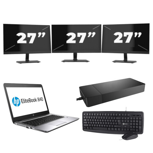 HP EliteBook 840 G3 - Intel Core i7-6e Generatie - 14 inch - 8GB RAM - 256GB SSD - Windows 11 Home + 3x 27 inch Monitor Tweedehands