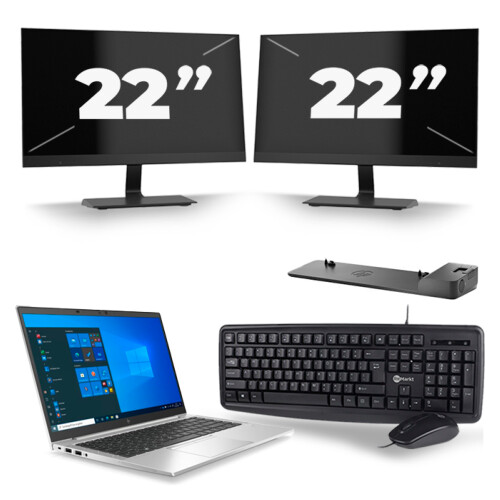 HP EliteBook 845 G7 - AMD Ryzen 3 Pro 4450U - 14 inch - 8GB RAM - 256GB SSD - Windows 10 Home + 2x 22 inch Monitor Tweedehands