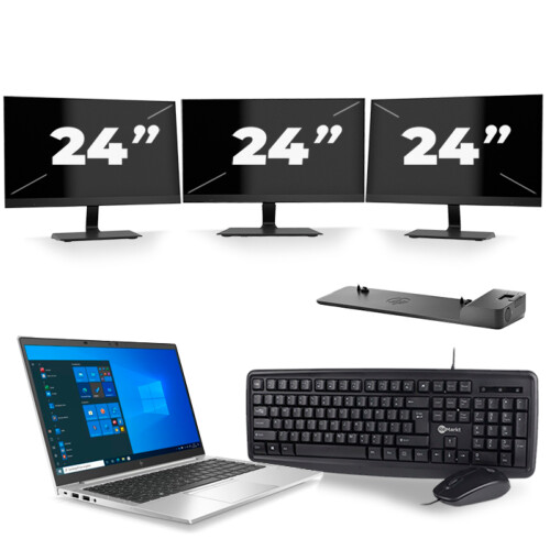 HP EliteBook 845 G7 - AMD Ryzen 3 Pro 4450U - 14 inch - 8GB RAM - 256GB SSD - Windows 10 Home + 3x 24 inch Monitor Tweedehands