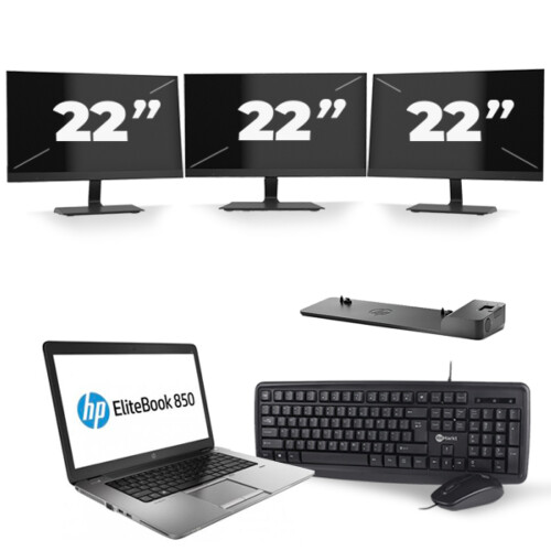 HP EliteBook 850 G2 - Intel Core i7-5e Generatie - 15 inch - 8GB RAM - 256GB SSD - Windows 11 + 3x 22 inch Monitor Tweedehands