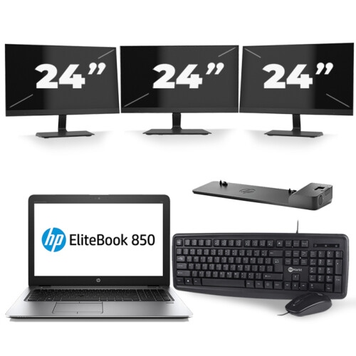HP EliteBook 850 G3 - Intel Core i5-6e Generatie - 15 inch - 8GB RAM - 256GB SSD - Windows 11 + 3x 24 inch Monitor Tweedehands