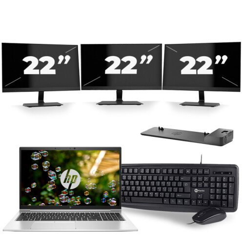 HP EliteBook 855 G7 - AMD Ryzen 3 Pro 4450U - 15 inch - 16GB RAM - 256GB SSD - Windows 10 Home + 3x 22 inch Monitor Tweedehands