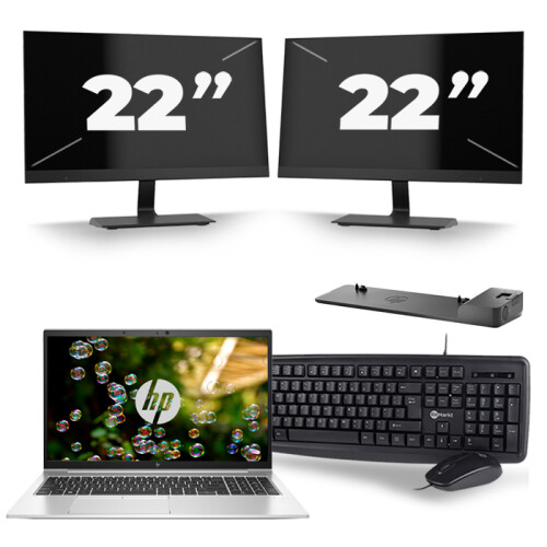 HP EliteBook 855 G7 - AMD Ryzen 3 Pro 4450U - 15 inch - 16GB RAM - 256GB SSD - Windows 10 Home + 2x 22 inch Monitor Tweedehands