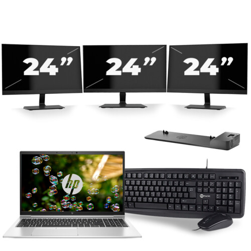 HP EliteBook 855 G7 - AMD Ryzen 3 Pro 4450U - 15 inch - 16GB RAM - 256GB SSD - Windows 10 Home + 3x 24 inch Monitor Tweedehands