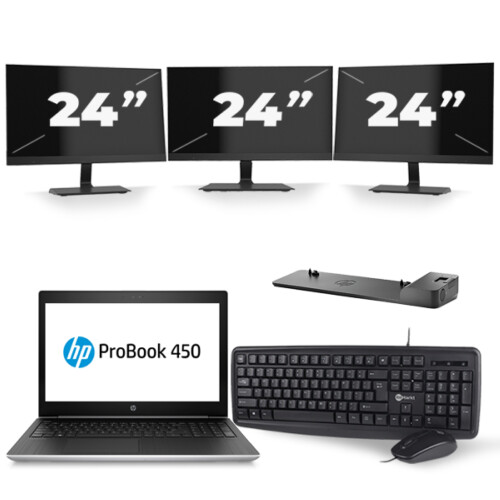 HP ProBook 450 G5 - Intel Core i3-7e Generatie - 15 inch - 8GB RAM - 256GB SSD - Windows 11 + 3x 24 inch Monitor Tweedehands