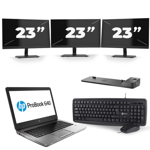 HP ProBook 640 G4 - Intel Core i3-8e Generatie - 14 inch - 8GB RAM - 256GB SSD - Windows 11 + 3x 23 inch Monitor Tweedehands