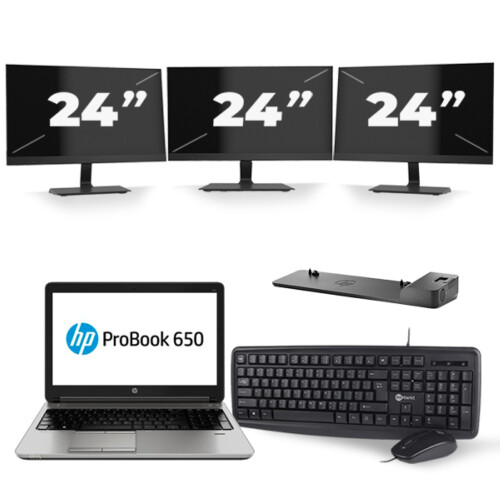 HP ProBook 650 G3 - Intel Core i5-7e Generatie - 15 inch - 8GB RAM - 256GB SSD - Windows 11 + 3x 24 inch Monitor Tweedehands