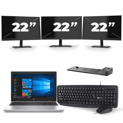 HP ProBook 650 G4 - Intel Core i3-8e Generatie - 15 inch - 8GB RAM - 256GB SSD - Windows 11 + 3x 22 inch Monitor Tweedehands