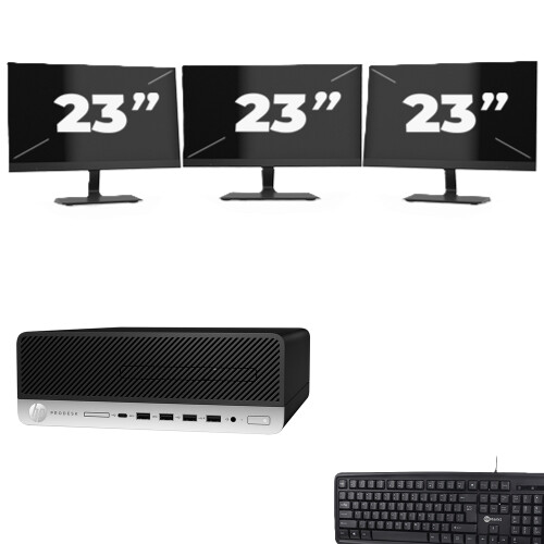 HP ProDesk 600 G5 SFF - Intel Core i3-9e Generatie - 8GB RAM - 256GB SSD - Windows 11 + 3x 23 inch Monitor Tweedehands
