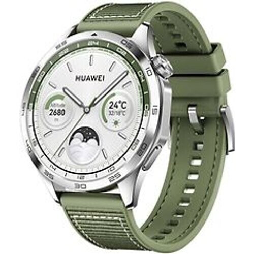 Huawei Watch GT 4 46 mm zilver met geworven stoffen armband groen Tweedehands