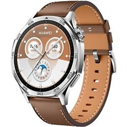 Huawei Watch GT 5 46 mm roestvrij stalen kast zilver met leren polsband bruin Tweedehands