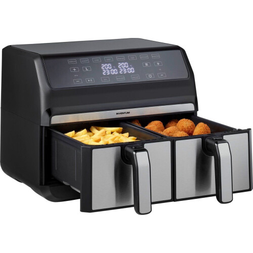 Inventum GF800HLD - Dubbele airfryer - 2 x 4 liter - 8 programma's - Dual cook functie - 80 tot 200 graden - PFAS vrij - 1700 watt - Zwart/RVS