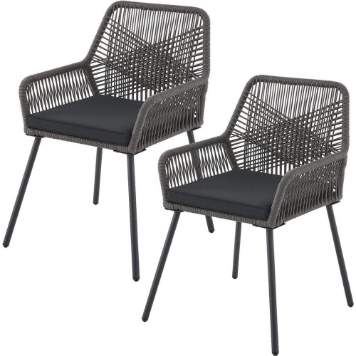 Juskys Kastos - Tuinstoel - Touwgaas met zitkussen - Grijs (2 stuks)