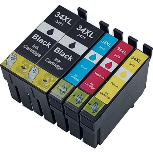 KATRIZ® - Epson T3471XL T3472XL T3473XL T3474XL - 2x Zwart 1x Cyaan 1x Magenta 1x Geel (2x 30ml 1x 14ml 1x 14ml 1x 14ml)