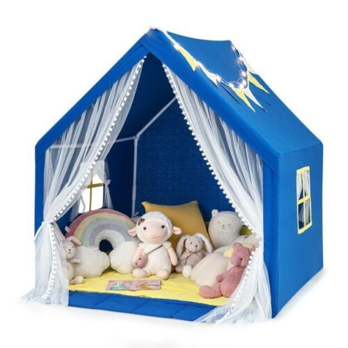 Kinderspeeltent - Sterverlichting - Wasbare Katoenen Mat - Donkerblauw 122 x 105 x 125 cm
