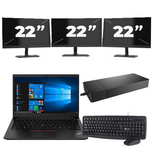 Lenovo ThinkPad E14 Gen 3 - AMD Ryzen 3 5300U - 14 inch - 16GB RAM - 256GB SSD - Windows 11 Home + 3x 22 inch Monitor Tweedehands