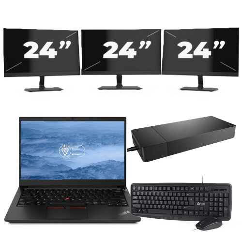 Lenovo ThinkPad E14 - Intel Core i3-10e Generatie - 14 inch - 8GB RAM - 256GB SSD - Windows 11 + 3x 24 inch Monitor Tweedehands