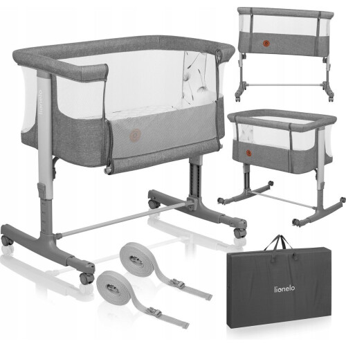 Lionelo Aurora 3in1 Co-sleeper - Babybedje tot 9 kg - Verstelbare Hoogte - 4 Wielen met Rem - Ademend Gaas - Inclusief Matras&Transporttas - Grijs
