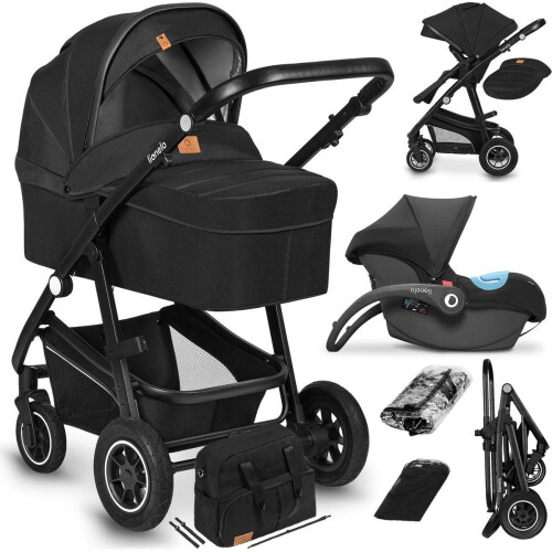 Lionelo Bianka - Kinderwagen 3 in 1 - Autostoel 0-22kg - XXL zonnekap - Verstelbare duwstang - Opvouwbaar - Accessoireset - Zwart