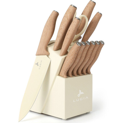 Lugia Messenset - Messenblok 13 delig - Broodmes, Koksmes, Vleesmessen en Schaar Messenset met blok - Keukengerei - Beige