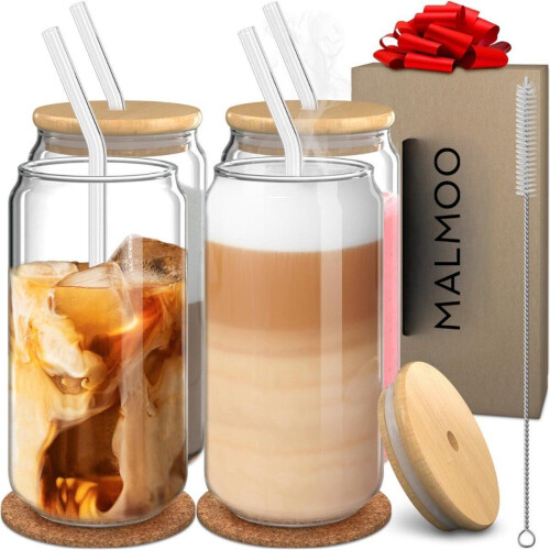 Malmoo Latte Macchiato Glazen - Set van 4 - 450mL - Bamboe deksels en herbruikbare rietjes (set van 4)