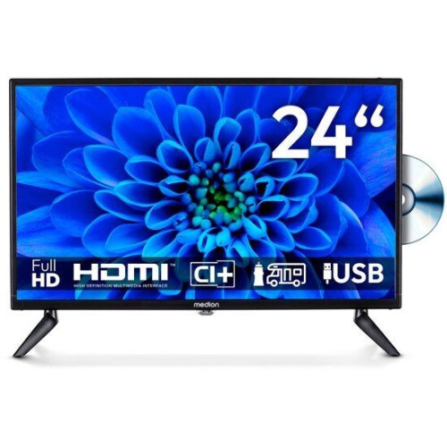 MEDION 59.9 cm 24" Full HD TV met DVD speler perfect voor camping camper vrachtwagen tuin 12V auto adapter Triple Tuner HDMI USB, MD824001