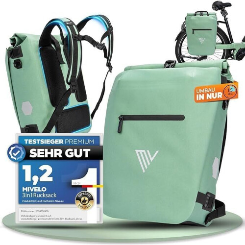 MiVelo Fietstas - 3-in-1 Rugzak & Schoudertas - Waterdicht - 20 liter - Mint