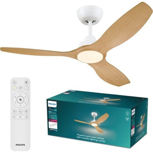 Philips Olas - Ventilator - Diameter 132cm - Instelbaar wit licht 3000K tot 6500K - Dimbaar tot 5% - 2650 Lumen - Wit/Hout
